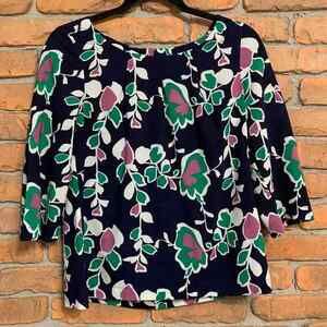 Banana Republic Floral Blouse Womens Small Navy Green 3/4 Sleeve Button Back Top